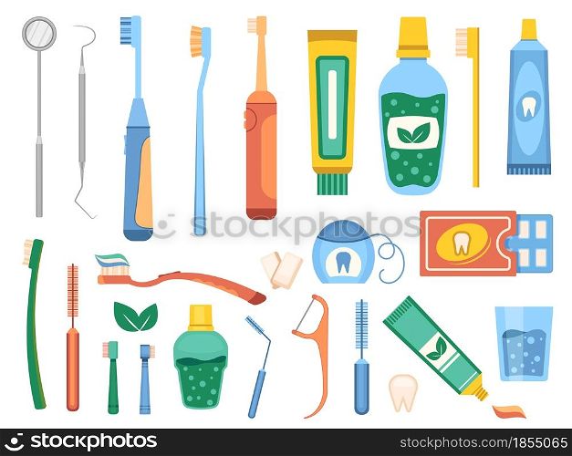 Cartoon toothbrushes, dental hygiene and mouth cleaning tool. Flat mouthwash, floss, toothpaste and dentist equipment. Tooth care vector set. Medical oral healthcare objects, teeth treatment