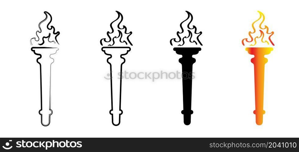 Cartoon torch withe flame. Flaming Torchs pictogram. Burning fire or flame logo. Sport fire sign. Competitions, champion, sports game or freedom torches with flames icon.