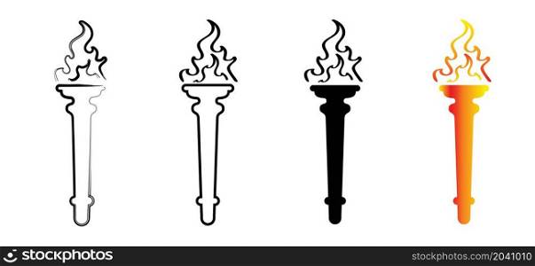 Cartoon torch withe flame. Flaming Torchs pictogram. Burning fire or flame logo. Sport fire sign. Competitions, champion, sports game or freedom torches with flames icon.
