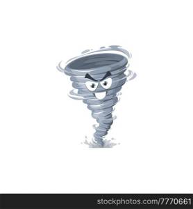 Cartoon tornado character, storm or whirlwind twister, cyclone. Bad weather, storm or hurricane forecast, meteorology isolated vector icon. Funny tornado vortex or swirl personage. Cartoon tornado character, storm or whirlwind