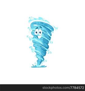 Cartoon tornado character, storm whirlwind, twister cyclone or hurricane with vector funny face. Weather cartoon character, cute wind cloud or typhoon emoji, comic tornado wind smile with eyes. Cartoon tornado character, storm whirlwind twister