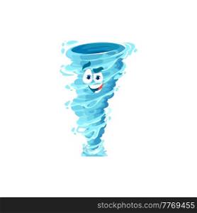 Cartoon tornado cheerful character. Storm, whirlwind twister or cyclone vector personage with blue water drops and smiling face. Hurricane or typhoon, thunderstorm weather forecast vector icon. Cartoon tornado funny character with water drops