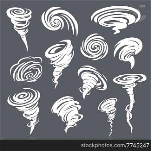 Cartoon tornado, hurricane or twister, cyclone, storm or vortex. Isolated vector tornado and typhoon, white swirls of whirlwind, swirls of storm wind and clouds, natural disaster theme. Cartoon tornado, hurricane, twister, cyclone storm