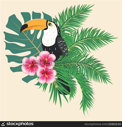 Cartoon toucan bird with tropical leaves illustration.