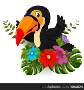 Cartoon toucan with tropical flower and leave background