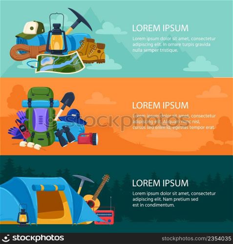 Cartoon tourist c&ing and hiking equipment banners. Mountain adventure equipment concept vector illustration set. Mountaineering, mountain trip posters hiking equipment. Cartoon tourist c&ing and hiking equipment banners. Mountain adventure equipment concept vector illustration set. Mountaineering, mountain trip posters