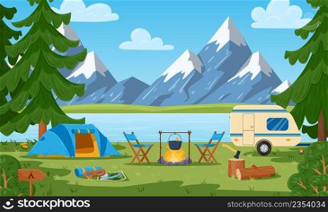 Cartoon tourist c&summer forest and mountain landscape. C&fire and tent, natural picnic spot vector illustration. Beautiful spring view at lake. Mountain and forest adventure. Cartoon tourist c&summer forest and mountain landscape. C&fire and tent, natural picnic spot vector illustration. Beautiful spring view at lake
