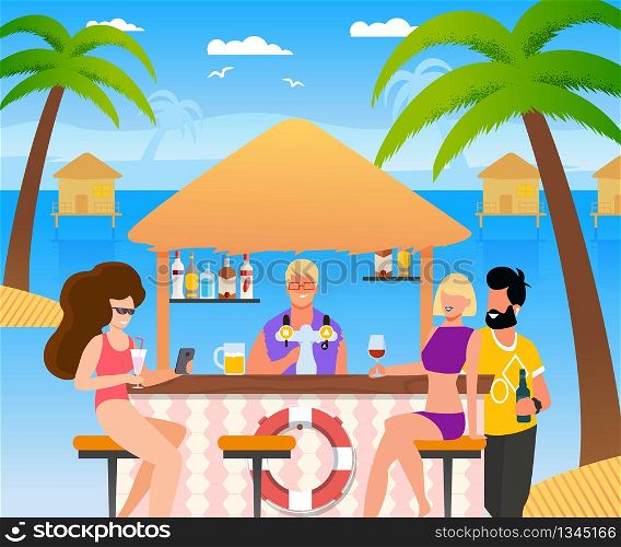 Cartoon Tourists Group Resting at Beach Bar. Couple Drinking Wine and Beer and Woman Chatting Social Network on Phone. Bartender Waiting for Order. Tropical Cafe, Water Hotel. Vector Flat Illustration. Tourists Group Resting at Beach Bar Illustration