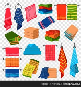 Cartoon towel. Kitchen, beach and bath hanging and stacked towels. Rolls for spa hygiene textile objects colorful vector cotton softness terry fluffy towel collection. Cartoon towel. Kitchen, beach and bath hanging or stacked towels. Rolls for spa hygiene, textile objects colorful vector collection