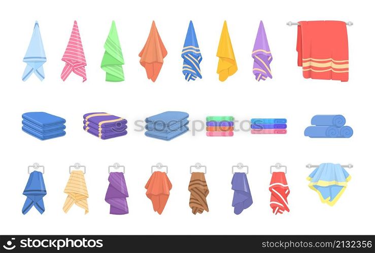 Cartoon towel set. Towels roll, rag bath hang. Self hygiene, isolated beach or kitchen colorful cloth. Hotel or spa accessories decent vector collection. Fabric bath cotton, clean towel illustration. Cartoon towel set. Towels roll, rag bath hang. Self hygiene, isolated beach or kitchen colorful cloth. Hotel or spa accessories decent vector collection