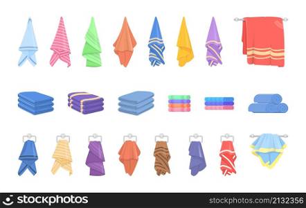 Cartoon towel set. Towels roll, rag bath hang. Self hygiene, isolated beach or kitchen colorful cloth. Hotel or spa accessories decent vector collection. Fabric bath cotton, clean towel illustration. Cartoon towel set. Towels roll, rag bath hang. Self hygiene, isolated beach or kitchen colorful cloth. Hotel or spa accessories decent vector collection