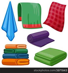 Cartoon towels vector set. Cloth towel for bath, illustration of cartoon fabric towel for hygiene. Cartoon towels vector set
