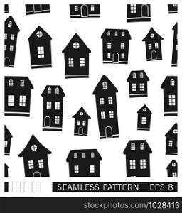 Cartoon town seamless pattern. Black and white vector illustration. Landscape with silhouette houses.