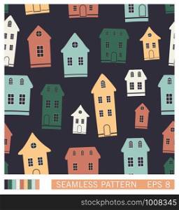 Cartoon town seamless pattern. Vector illustration. Landscape with houses in retro style.