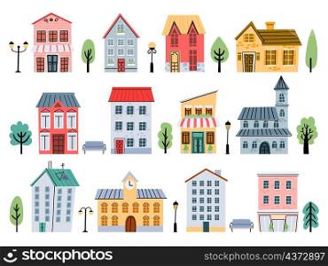 Cartoon town street buildings, houses, shops, trees and flashlight for kids. Cute urban architecture elements. Childish city home vector set. Illustration of city building street. Cartoon town street buildings, houses, shops, trees and flashlight for kids. Cute urban architecture elements. Childish city home vector set