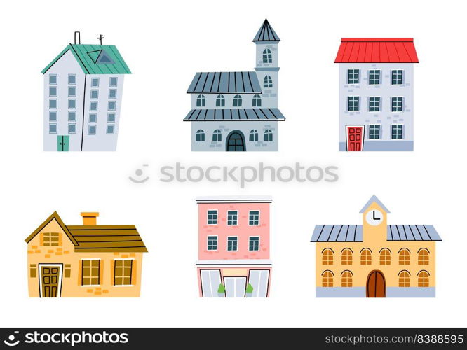 Cartoon town street buildings, original houses set. Vector city house street, illustration set design cartoon home isolated. Cartoon town street buildings, original houses set