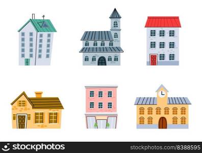 Cartoon town street buildings, original houses set. Vector city house street, illustration set design cartoon home isolated. Cartoon town street buildings, original houses set