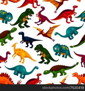 Cartoon toy dinosaurs children seamless pattern. Vector colorful and cute icons of t-rex, tyrannosaurus, pterosaur, pterodactyl toy characters. Decoration design element for kindergarten, kids. Cartoon dinosaurs children seamless pattern