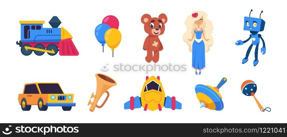 Cartoon toys. Cute baby dolls, colored balloons, spaceship car train transport toys isolated on white background. Vector set flat emblems of kid toy. Cartoon toys. Cute baby dolls, colored balloons, spaceship car train transport toys isolated on white background. Vector flat emblems of kid toy