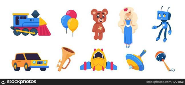 Cartoon toys. Cute baby dolls, colored balloons, spaceship car train transport toys isolated on white background. Vector set flat emblems of kid toy. Cartoon toys. Cute baby dolls, colored balloons, spaceship car train transport toys isolated on white background. Vector flat emblems of kid toy