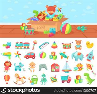 Cartoon toys. Vector set of kids play, block and doll, rattle car and cute elephant, joystick and box with game illustration. Cartoon toys. Vector set of kids play, block and doll