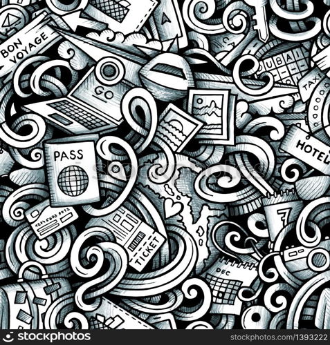 Cartoon trace doodles Travel season seamless pattern. Graphics detailed, with lots of objects background. Endless vector illustration. Cartoon doodles Travel season trace seamless pattern