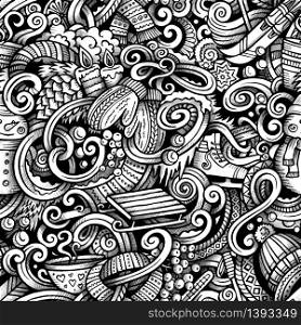 Cartoon trace doodles Winter season seamless pattern. Graphics detailed, with lots of objects background. Endless vector illustration. Cartoon doodles Winter season trace seamless pattern