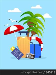 Cartoon Travel Accessories over Sky Color Backdrop with Clouds and Gulls. Vector Illustration with Tickets, Passport, Umbrella, Floating Ring, Coconut Palms, Luggage, Camera. Flat Advertising Banner. Cartoon Travel Accessories over Sky Color Backdrop