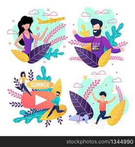 Cartoon Travel Card Set. Summer Activities on Vacation. Media Pages for Tour Agency and Online Booking Service Application. Vector Flat Adult People and Children Enjoy Summertime Illustration. Summer Activities on Vacation Tour Agency Card Set
