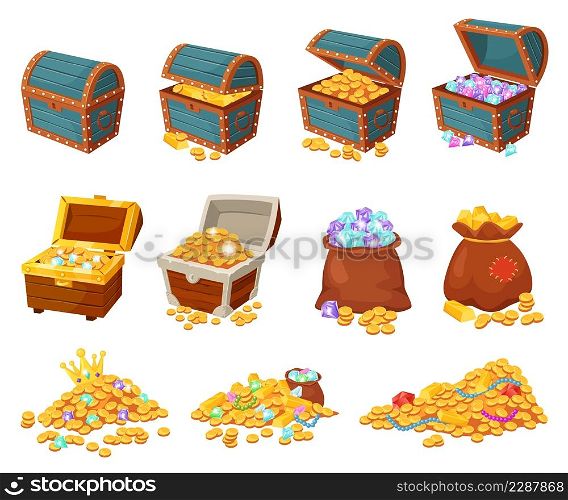 Cartoon treasure chests, piles of gold and jewels, pirate treasures. Bag with diamonds, open wooden chest with coins and gems vector set. Illustration of pirate wealth with gems. Cartoon treasure chests, piles of gold and jewels, pirate treasures. Bag with diamonds, open wooden chest with coins and gems vector set