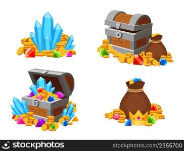 Cartoon treasure with gold coins and colorful gemstones. Open and closed chests, bag and money heaps. Pirate gems, crown and crystals. Luxury objects in wooden chests isolated vector set. Cartoon treasure with gold coins and colorful gemstones. Open and closed chests, bag and money heaps