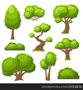 Cartoon tree and bush. Garden bushes, isolated shrubbery with green leaf. Landscape outdoor shrubs, green plant shapes, forest flora recent vector set. Illustraton green tree and bush, plant wood. Cartoon tree and bush. Garden bushes, isolated shrubbery with green leaf. Landscape outdoor shrubs, green plant shapes, forest flora recent vector set