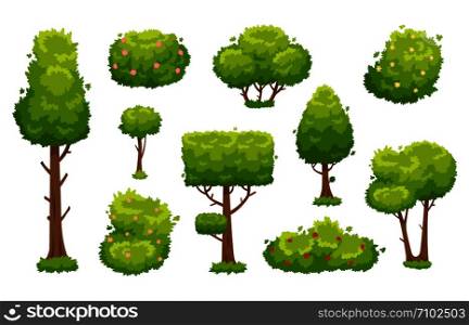 Cartoon trees and bushes. Green plants with flowers for vegetation spring backyard landscape wood plant foliage. Nature forest lumber tree park and garden hedge bush vector isolated icon set. Cartoon trees and bushes. Green plants with flowers for vegetation landscape. Nature forest tree and hedge bush vector set