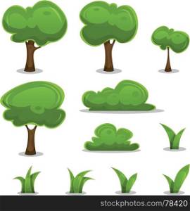 Cartoon Trees, Hedges And Grass Leaves Set. Illustration of a set of cartoon spring or summer little trees and green icons, with bush, hedges and blades of grass for ui game