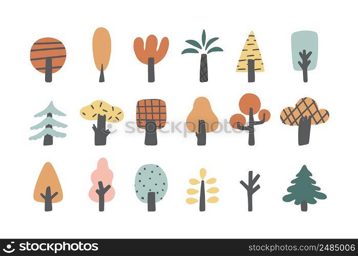 Cartoon trees of different shapes and colors. Vector hand-drawn collection.