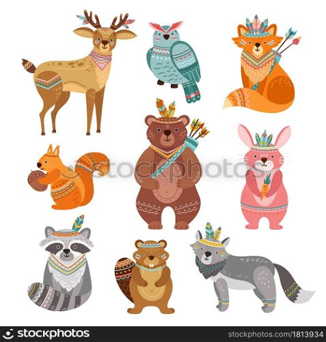 Cartoon tribal animals. Cute woodland illustration, boho fox wolf deer. Brave forest bear, feather arrow, wildlife vector. Tribal colorful forest animal, woodland bird , fox and rabbit illustration. Cartoon tribal animals. Cute woodland illustration, boho fox wolf deer. Brave forest bear, feather arrow, funny wildlife vector characters