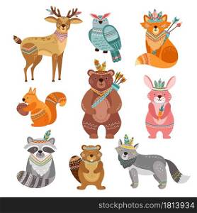 Cartoon tribal animals. Cute woodland illustration, boho fox wolf deer. Brave forest bear, feather arrow, wildlife vector. Tribal colorful forest animal, woodland bird , fox and rabbit illustration. Cartoon tribal animals. Cute woodland illustration, boho fox wolf deer. Brave forest bear, feather arrow, funny wildlife vector characters