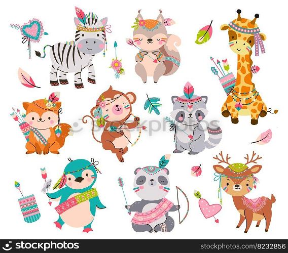 Cartoon tribal animals. Wild cute animal with arrows. Boho style fox, raccoon and penguin. Woodland baby characters, adorable childish vector clipart of cartoon wild forest animals illustration. Cartoon tribal animals. Wild cute animal with arrows. Boho style fox, raccoon and penguin. Woodland baby characters, adorable childish nowaday vector clipart