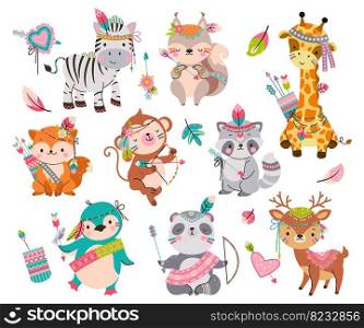 Cartoon tribal animals. Wild cute animal with arrows. Boho style fox, raccoon and penguin. Woodland baby characters, adorable childish vector clipart of cartoon wild forest animals illustration. Cartoon tribal animals. Wild cute animal with arrows. Boho style fox, raccoon and penguin. Woodland baby characters, adorable childish nowaday vector clipart