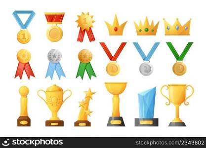 Cartoon trophies. Golden silver and bronze medals. First place cups and awards for competition games or challenges. Gold goblets and crowns. Winning badges and tiaras. Vector isolated rewards set. Cartoon trophies. Golden silver and bronze medals. First place cups and awards for competitions or challenges. Gold goblets and crowns. Winning badges and tiaras. Vector rewards set