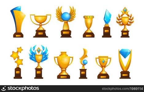 Cartoon trophy cup. Golden winning prize for sport competitions. Gold award with crystals. Championship isolated winner rewards elements. Victory triumph. Vector achievement glossy metal gifts set. Cartoon trophy cup. Golden winning prize for sport competitions. Gold award with crystals. Championship isolated winner rewards elements. Victory triumph. Vector glossy metal gifts set