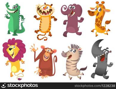 Cartoon tropical African animals set. Wild cartoon cute animals collections vector. Big set of cartoon jungle animals flat vector illustration. Crocodile alligator, tiger, elephant, giraffe, lion, monkey chimpanzee, zebra and rhino