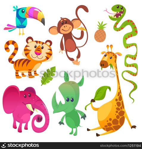 Cartoon tropical animals characters. Wild cartoon cute animals collections vector flat illustration. Toucan, monkey, tiger, snake, elephant, rhino, giraffe