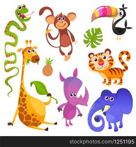Cartoon tropical animals characters. Wild cartoon cute animals collections vector flat illustration. Toucan, monkey, tiger, snake, elephant, rhino, giraffe
