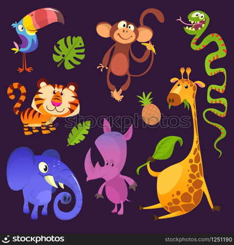 Cartoon tropical animals set. Toucan, monkey, tiger, snake, elephant, rhino, giraffe. Vector illustrations isolated