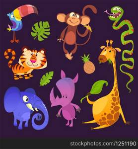 Cartoon tropical animals set. Toucan, monkey, tiger, snake, elephant, rhino, giraffe. Vector illustrations isolated