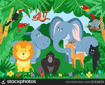 Cartoon tropical animals. Wildlife zoo animal, jaguar parrot in jungle leaf. Cute elephant, monkey in rainforest. Wild characters decent vector poster. Illustration animal hippo and elephant. Cartoon tropical animals. Wildlife zoo animal, jaguar parrot in jungle leaf. Cute elephant, monkey in rainforest. Wild characters decent vector poster