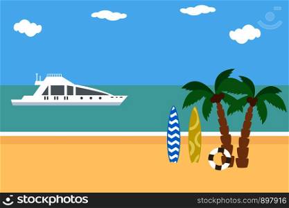 Cartoon tropical beach, flat vector illustration. Cartoon tropical beach,