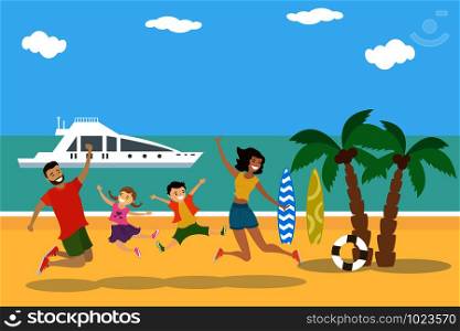 Cartoon tropical beach,Happy family jumping on the beach, flat vector illustration. Cartoon tropical beach,Happy family jumping on the beach