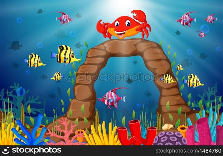 Cartoon tropical crab with beautiful underwater world